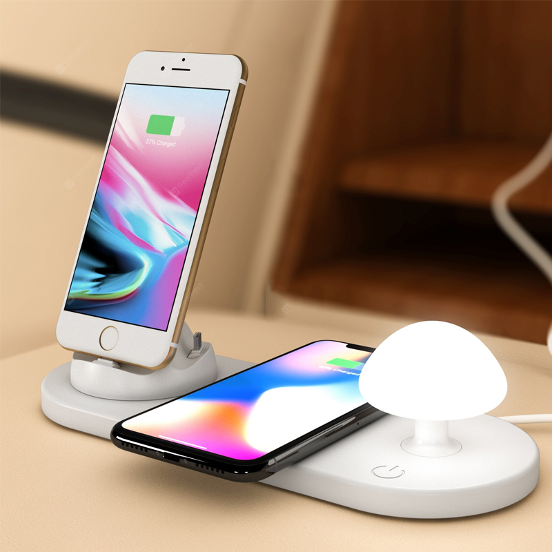 3 in 1 Wireless Charging Base Mushroom Shape Tap Lamp Usb Multi-port Charger Mushroom Night Lamp - White